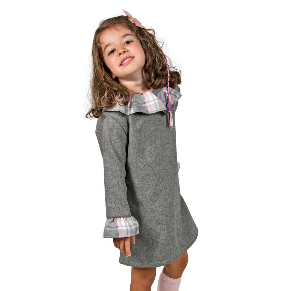 VESTIDO CINZA C/ FOLHOS XADREZ 4 ANOS - Pituka Wear
