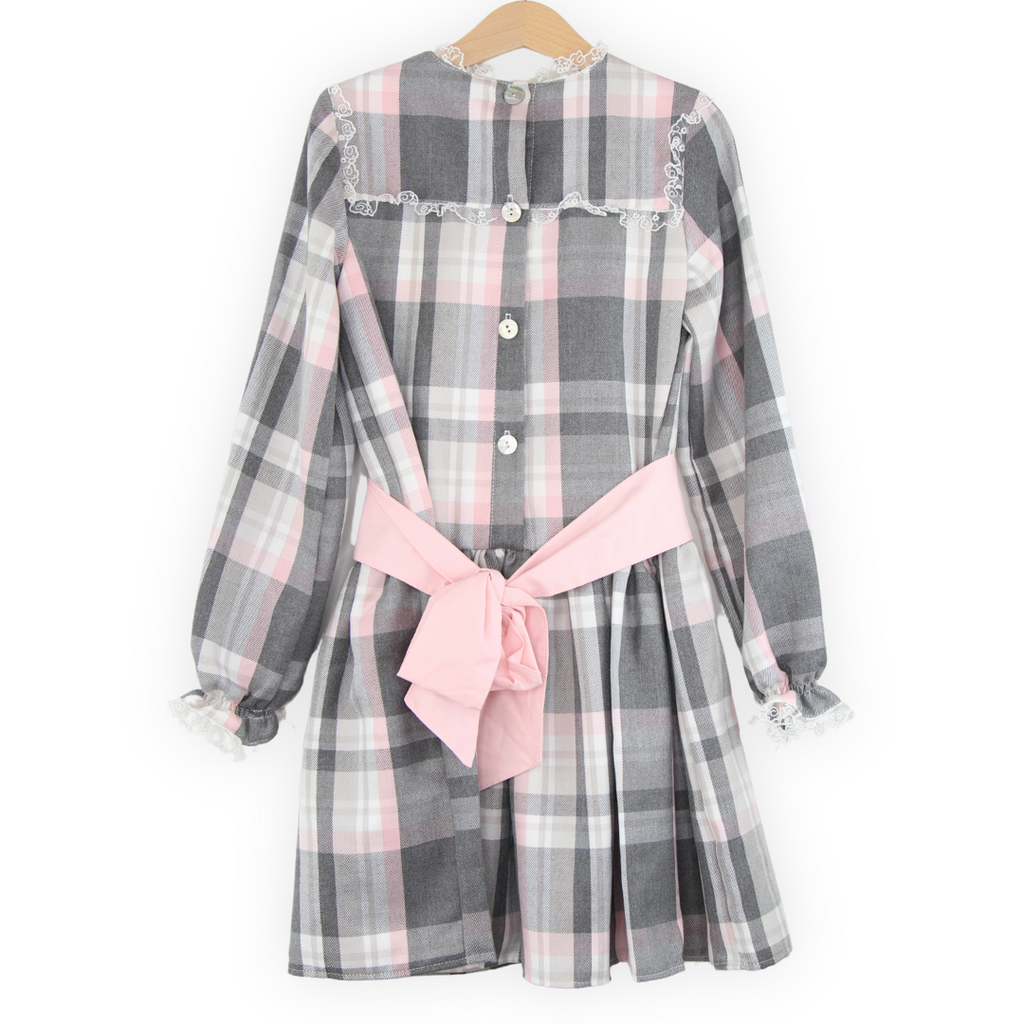 VESTIDO XADREZ C/ RENDA E LAÇO ROSA 6 ANOS - Pituka Wear